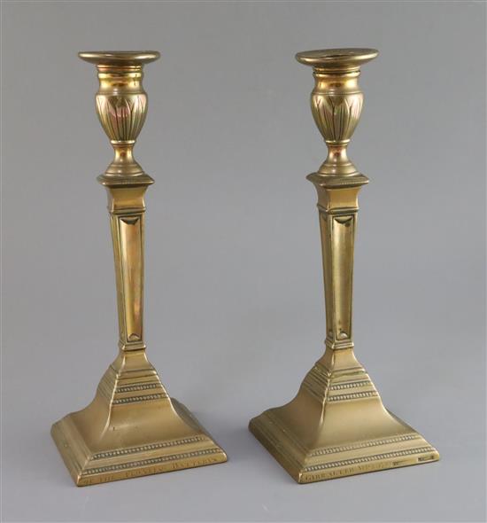 A pair of George III gun metal candlesticks, possibly cast by Christopher Pinchbeck Jnr. (1710-1783), height 11.75in.